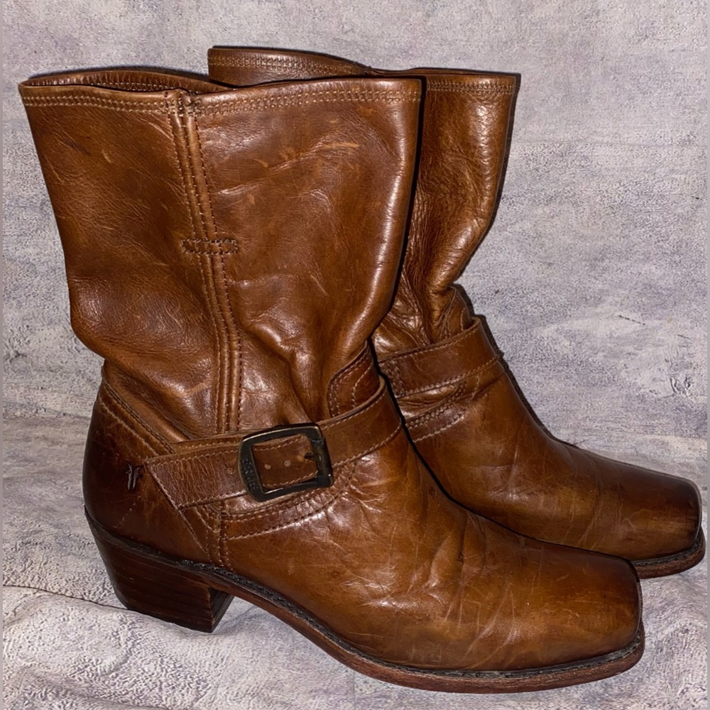 Vintage Frye Brown Leather Mid-Calf Heeled Boots